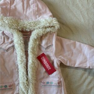 Vintage Baby Gymboree Pink Corduroy Hooded Jacket with Faux Fur Trim and Flowers